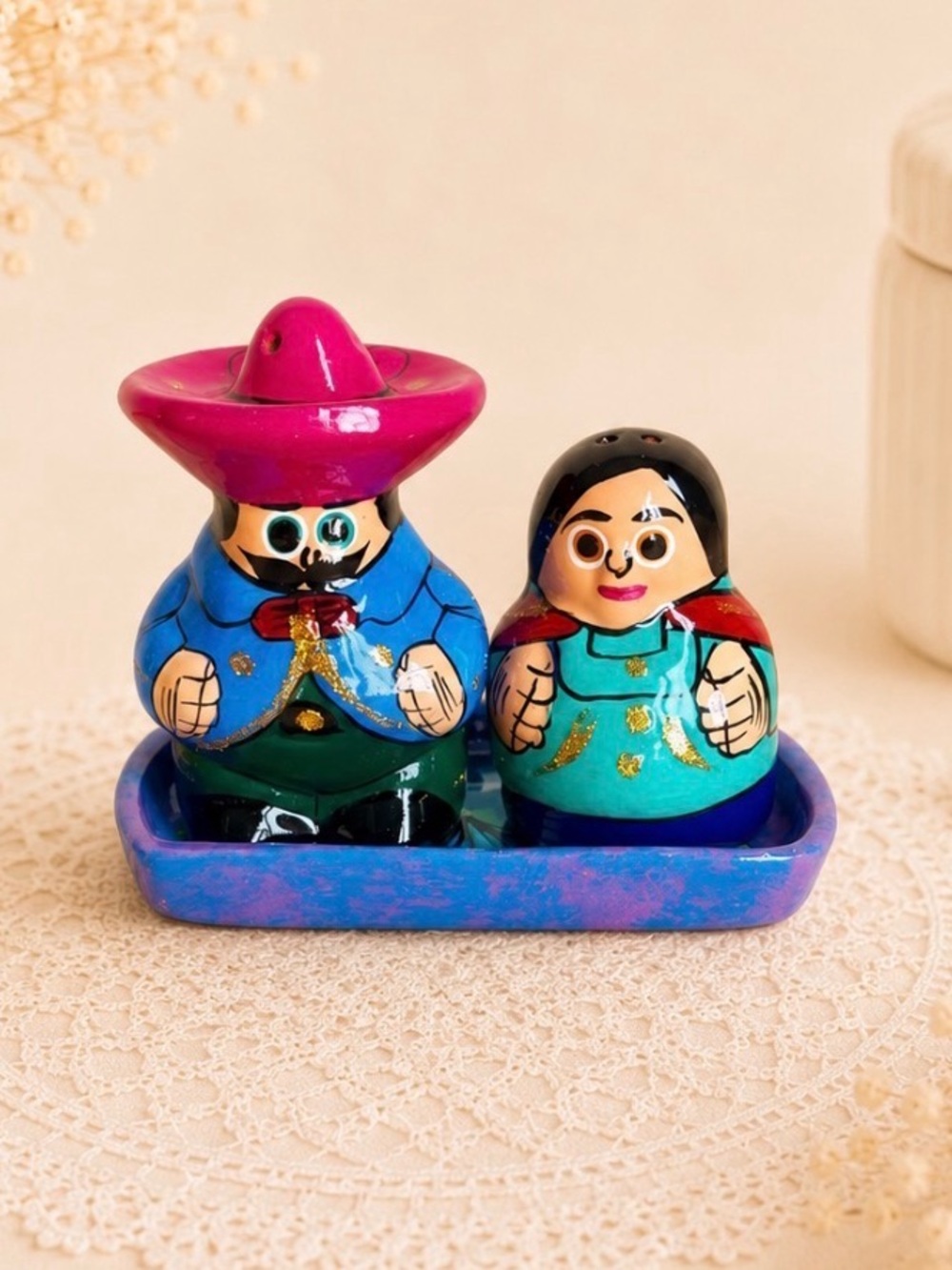 Mexican Pottery Salt And Pepper Shakers With Under Plate